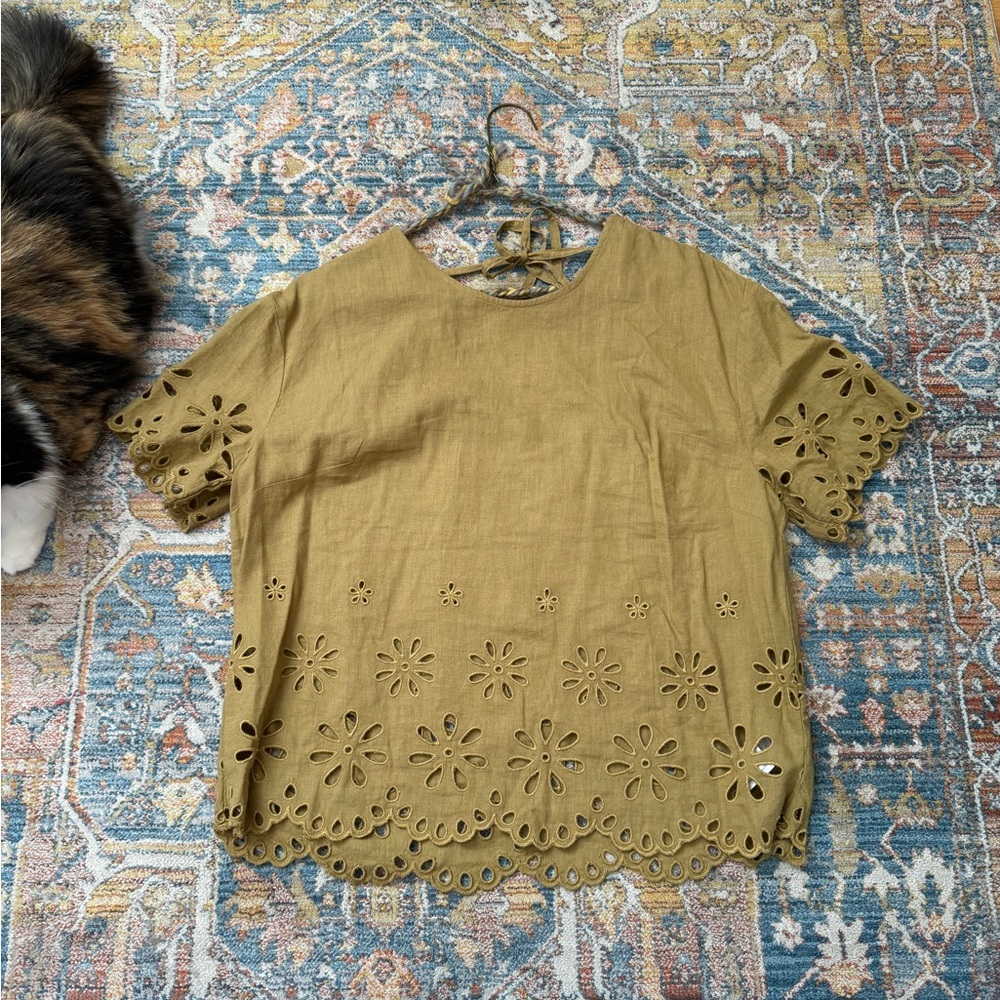 Madewell Olive Green Linen Eyelet Top